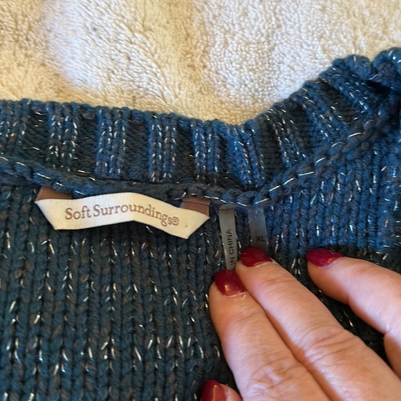 Soft Surroundings Teal Cable-Knit Scoop Neck Sweater with Metallic Thread - Picture 2 of 4